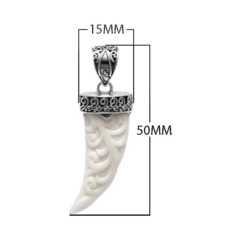 Sterling silver carved bone horn pendant featuring decorative Balinese patterned cap with polished finishing suitable for classic wholesale jewelry collections