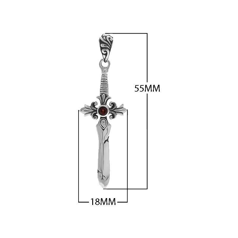 Sterling silver sword-shaped pendant with filigree guard detailing and a Red Garnet Quartz center stone designed for classic wholesale jewelry assortments