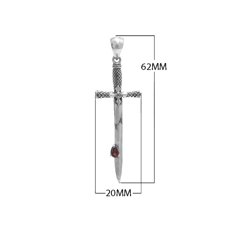 Sterling silver sword-shaped pendant with carved guard detailing and a teardrop Red Garnet Quartz accent designed for classic wholesale jewelry assortments