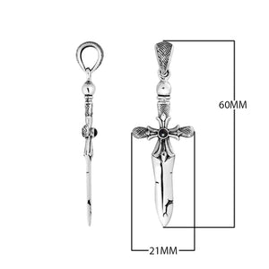 Sterling silver sword pendant with Black Onyx center and Balinese oxidized detailing.