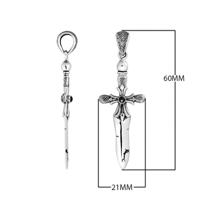 Sterling silver sword pendant with Black Onyx center and Balinese oxidized detailing.