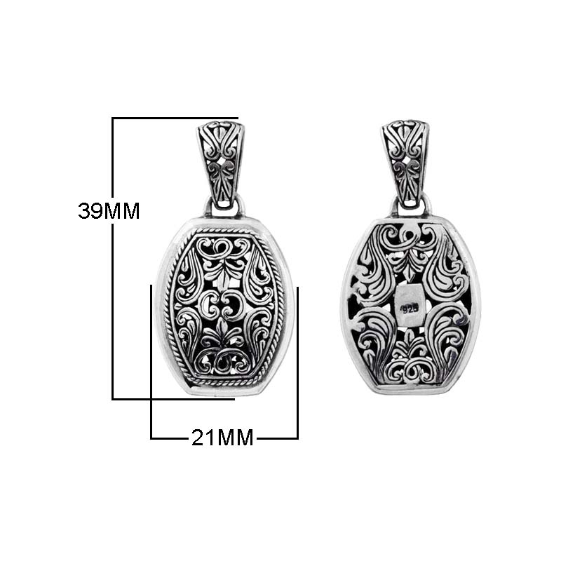 A wholesale Silver Overlay Over Copper oval pendant featuring detailed Balinese scrollwork, oxidized antique textures, polished overlay accents, and traditional filigree artistry ideal for bulk jewelry buyers.