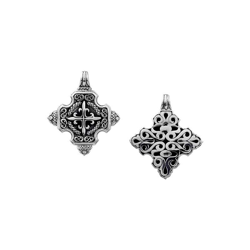 A wholesale Silver Overlay Over Copper fancy cross-shaped pendant featuring detailed Balinese scrollwork, oxidized textures, raised artisan detailing, and polished overlay craftsmanship ideal for bulk jewelry purchasing.