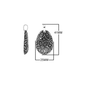 A wholesale Silver Overlay Over Copper pendant featuring oxidized floral etching, dotted detailing, polished overlay texture, and traditional Balinese artistry ideal for bulk jewelry purchasing.