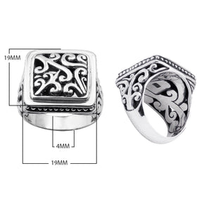 Wholesale sterling silver square signet ring with Balinese scrollwork design, oxidized and polished finish, handcrafted artisan silver jewelry for bulk supply.