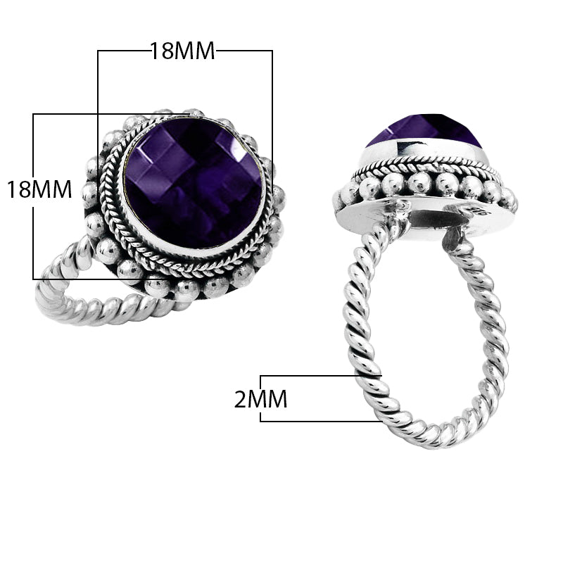 Wholesale sterling silver Bali ring with faceted Amethyst Quartz and twisted rope band.