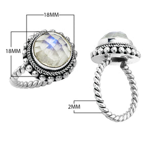 Wholesale sterling silver Bali ring with faceted Rainbow Moonstone and twisted rope band.