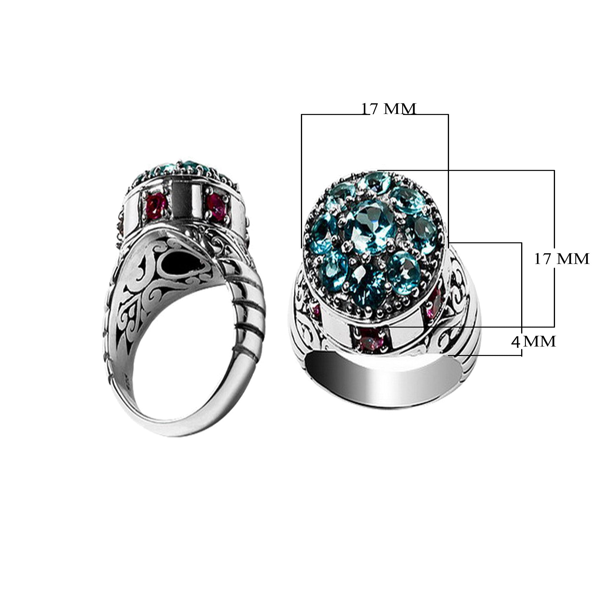 Wholesale sterling silver cluster ring with blue topaz quartz and ruby accents – bulk artisan statement jewelry for resellers.