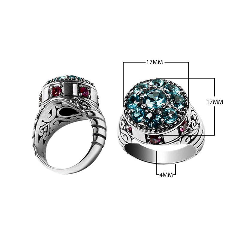 Wholesale sterling silver cluster ring with blue topaz quartz and ruby accents – bulk artisan statement jewelry for resellers.