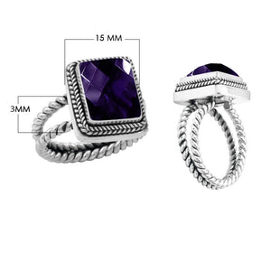 Wholesale sterling silver square amethyst ring with faceted quartz, rope bezel, and double rope band – handcrafted Bali-inspired jewelry for resellers and bulk buyers.