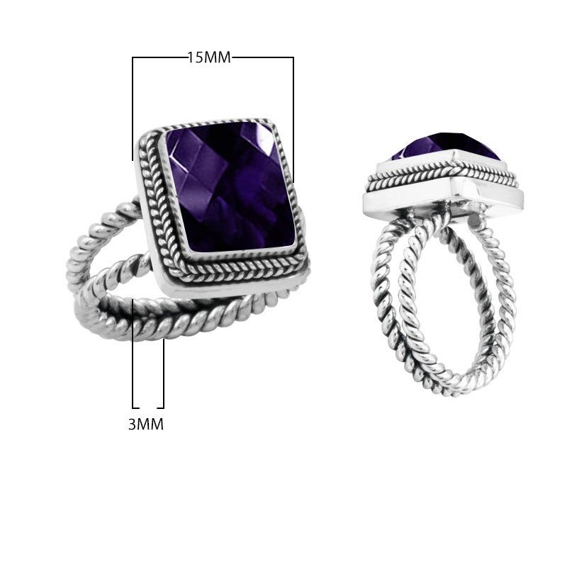 Wholesale sterling silver square amethyst ring with faceted quartz, rope bezel, and double rope band – handcrafted Bali-inspired jewelry for resellers and bulk buyers.