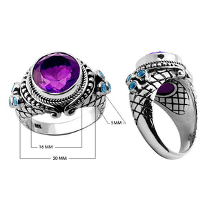 Wholesale sterling silver statement ring with faceted round amethyst quartz center and blue topaz quartz accents, Bali-inspired rope and scroll detailing – handcrafted artisan jewelry for resellers and bulk buyers.