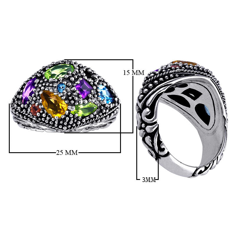 Wholesale sterling silver dome ring with amethyst quart, citrine quart, peridot quart, blue topaz quart, and garnet quart, handcrafted with Bali-inspired beaded detailing – artisan statement jewelry for resellers and bulk buyers.
