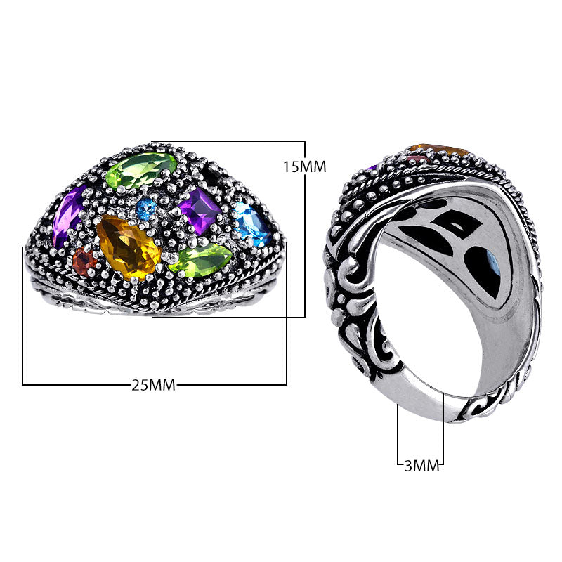Wholesale sterling silver dome ring with amethyst quart, citrine quart, peridot quart, blue topaz quart, and garnet quart, handcrafted with Bali-inspired beaded detailing – artisan statement jewelry for resellers and bulk buyers.