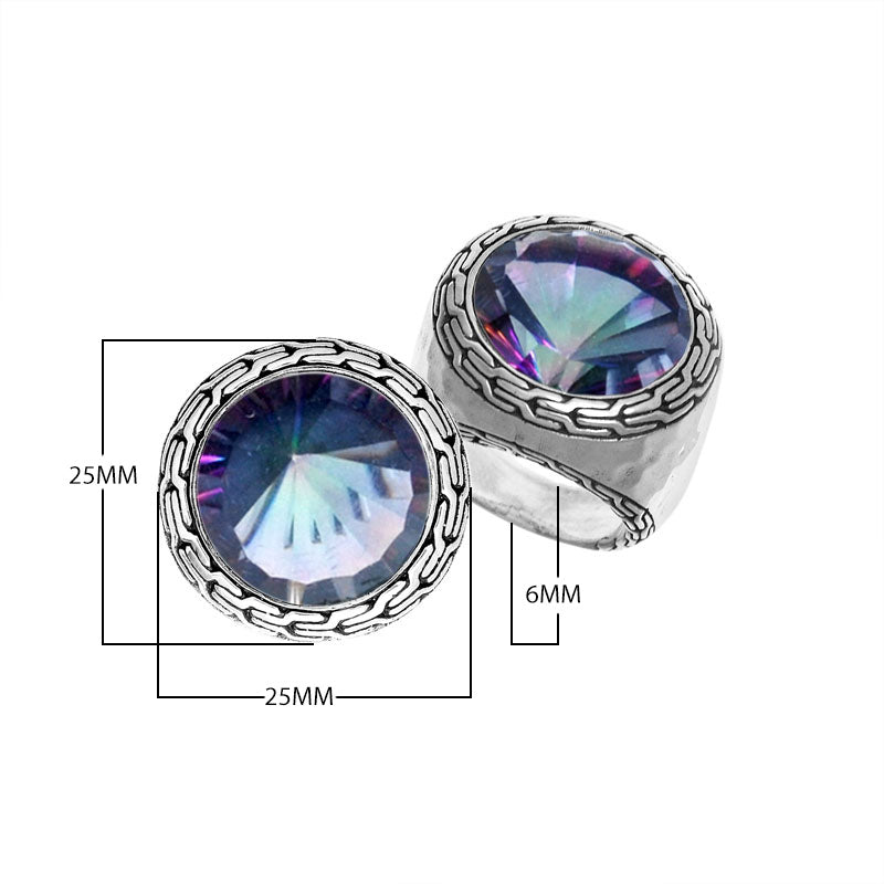 Wholesale sterling silver Mystic Topaz Quartz ring with round rainbow-hued quartz, artisan bezel setting, and Bali-inspired detailing, ideal for bulk jewelry orders.