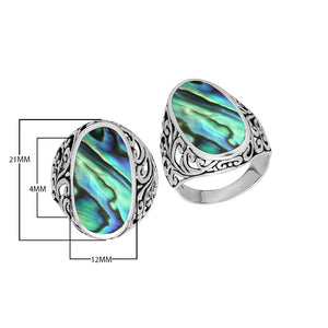 Wholesale sterling silver oval Abalone Shell ring with vibrant iridescent shell and Bali filigree design, handcrafted artisan jewelry for bulk orders.
