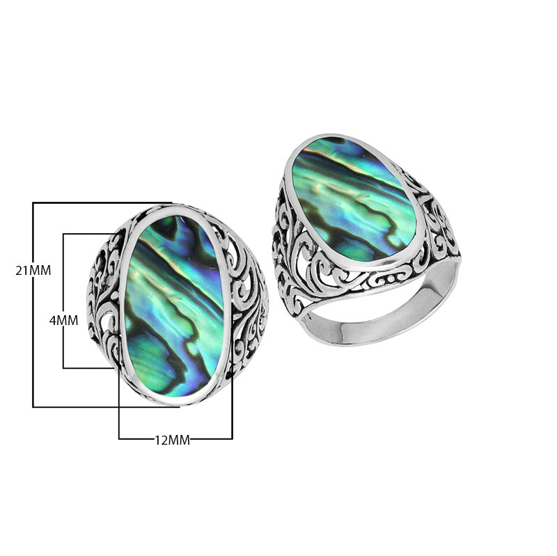 Wholesale sterling silver oval Abalone Shell ring with vibrant iridescent shell and Bali filigree design, handcrafted artisan jewelry for bulk orders.