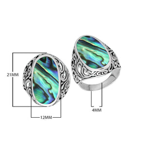 Wholesale sterling silver oval Abalone Shell ring with vibrant iridescent shell and Bali filigree design, handcrafted artisan jewelry for bulk orders.