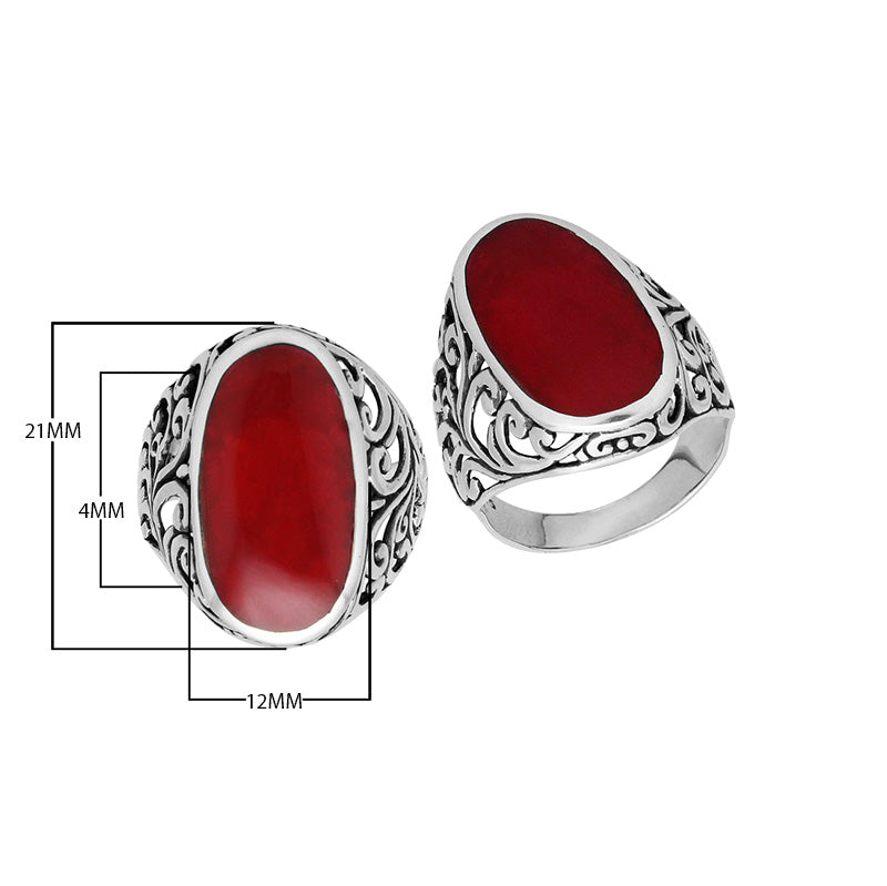 Wholesale sterling silver oval Red Coral Shell ring with intricate Bali filigree design and oxidized finish, handcrafted artisan Shell jewelry for bulk orders.