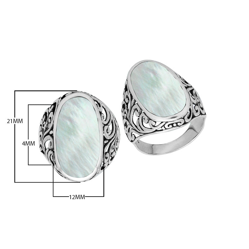 Wholesale sterling silver oval Mother of Pearl Shell ring with Bali filigree design and oxidized finish, handcrafted artisan shell jewelry for bulk orders.