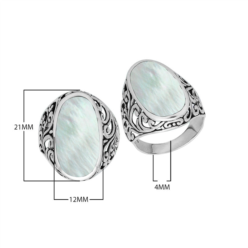 Wholesale sterling silver oval Mother of Pearl Shell ring with Bali filigree design and oxidized finish, handcrafted artisan shell jewelry for bulk orders.