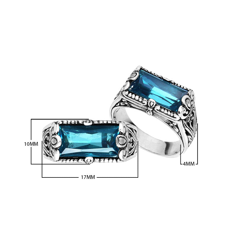 Wholesale sterling silver rectangular London Blue Topaz Quartz ring with faceted Quartz and handcrafted Bali-inspired detailing, artisan jewelry for bulk orders.
