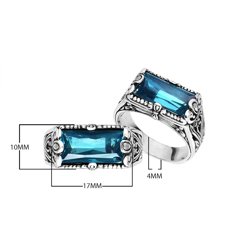 Wholesale sterling silver rectangular London Blue Topaz Quartz ring with faceted Quartz and handcrafted Bali-inspired detailing, artisan jewelry for bulk orders.