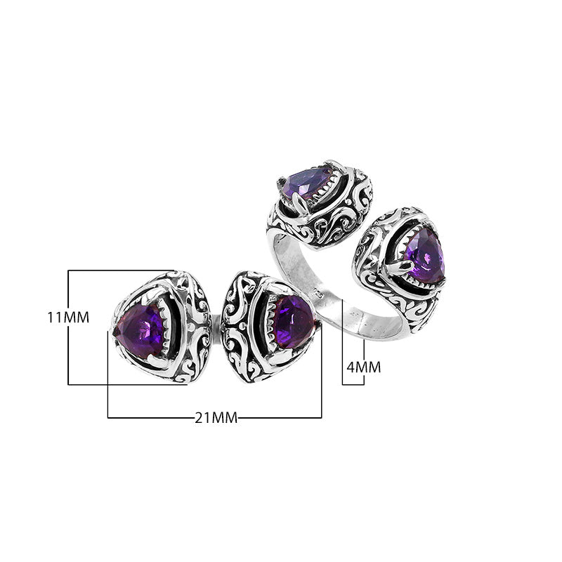 Wholesale sterling silver Bali design ring with trillion-cut Amethyst Quartz– handcrafted artisan wholesale jewelry.