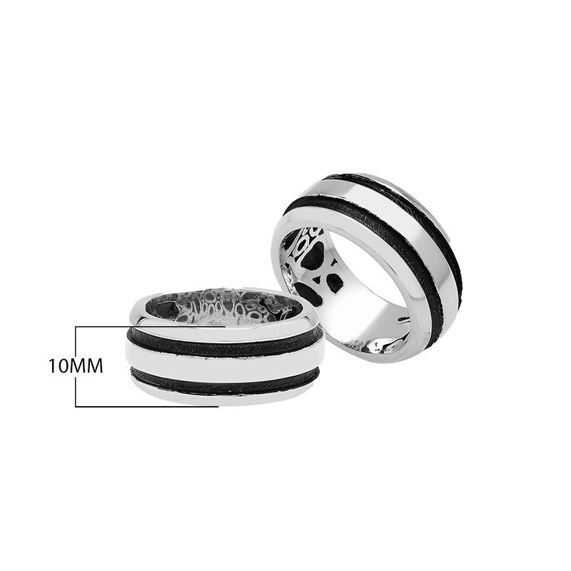 Wholesale sterling silver wide band ring with double black oxidized stripes – unisex artisan wholesale jewelry.