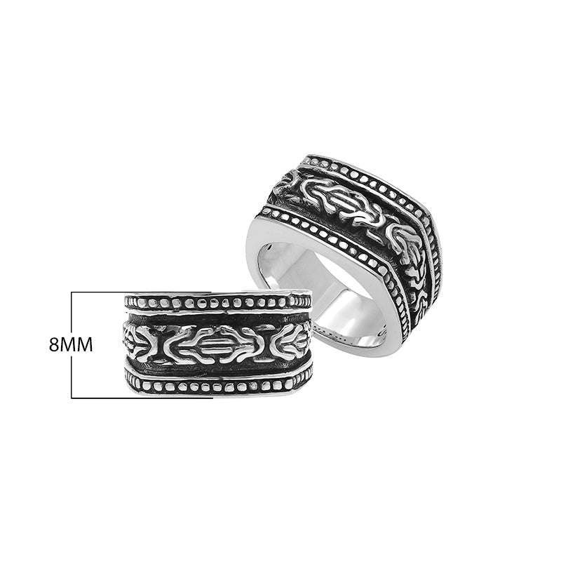 Wholesale sterling silver Bali wide band ring with oxidized finish and intricate artisan carving design, bulk handcrafted silver jewelry for resellers.