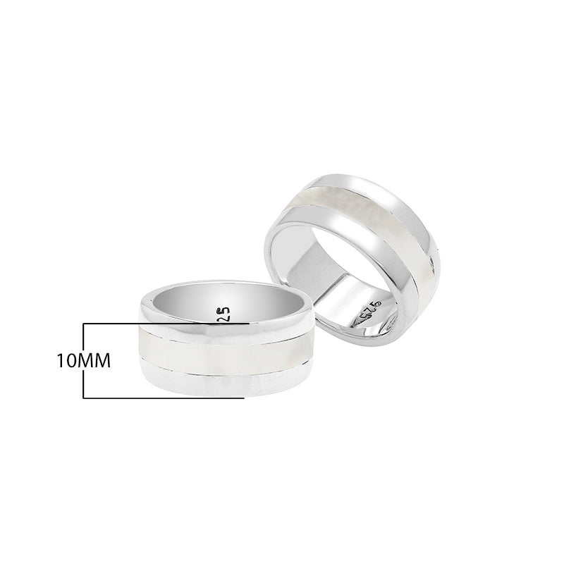 Wholesale sterling silver wide band ring with Black Shell inlay, handcrafted unisex jewelry in bulk for retailers and resellers.