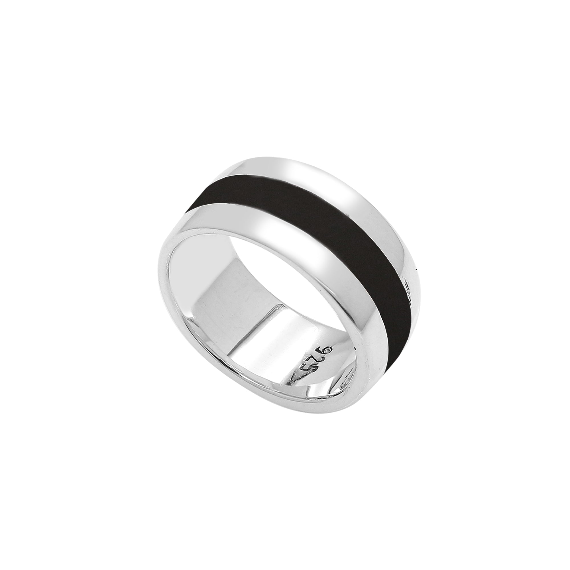 Wholesale sterling silver wide band ring with Black Shell inlay, handcrafted unisex jewelry in bulk for retailers and resellers.