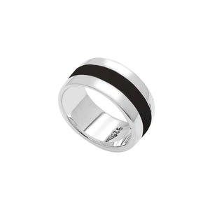 Wholesale sterling silver wide band ring with Black Shell inlay, handcrafted unisex jewelry in bulk for retailers and resellers.