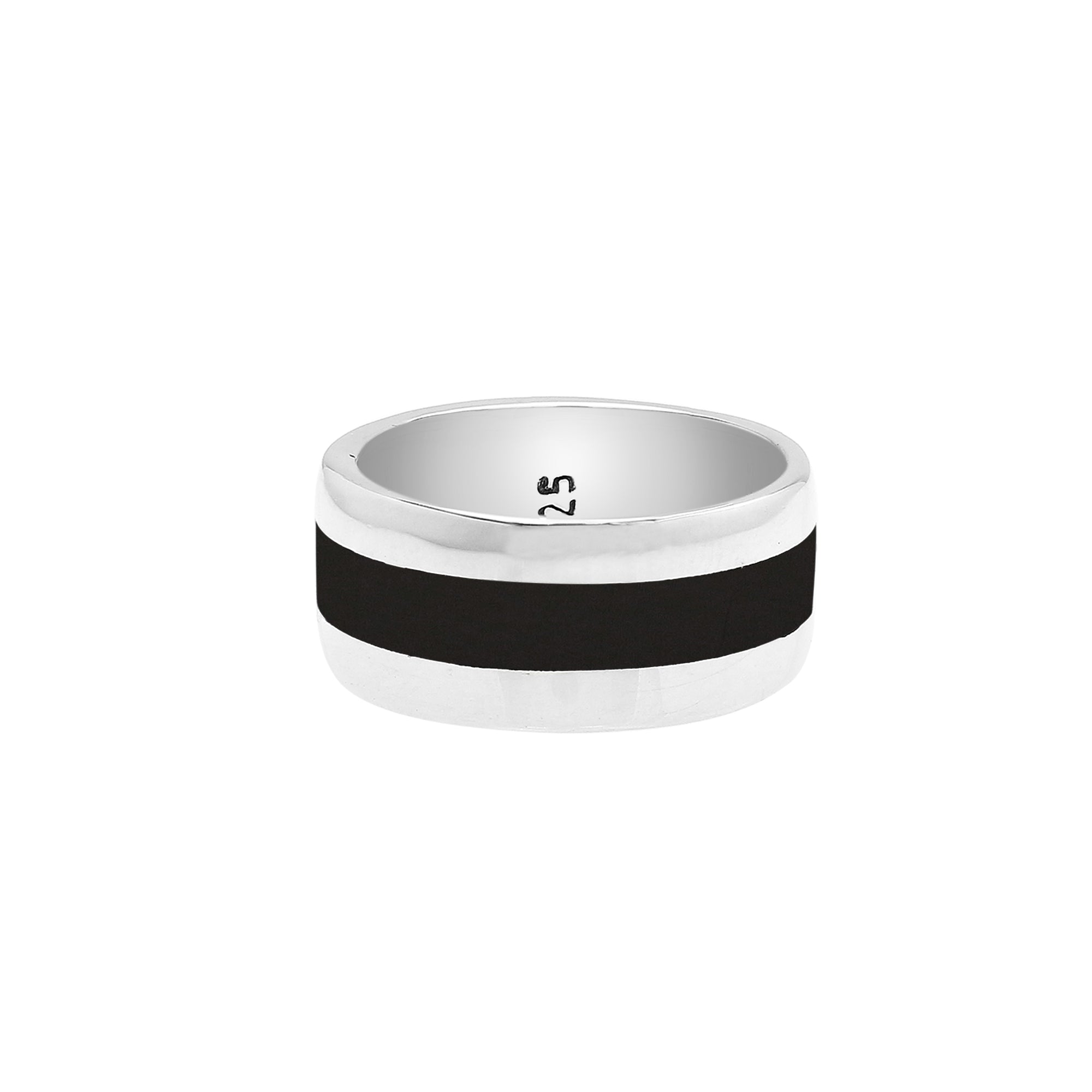 Wholesale sterling silver wide band ring with Black Shell inlay, handcrafted unisex jewelry in bulk for retailers and resellers.