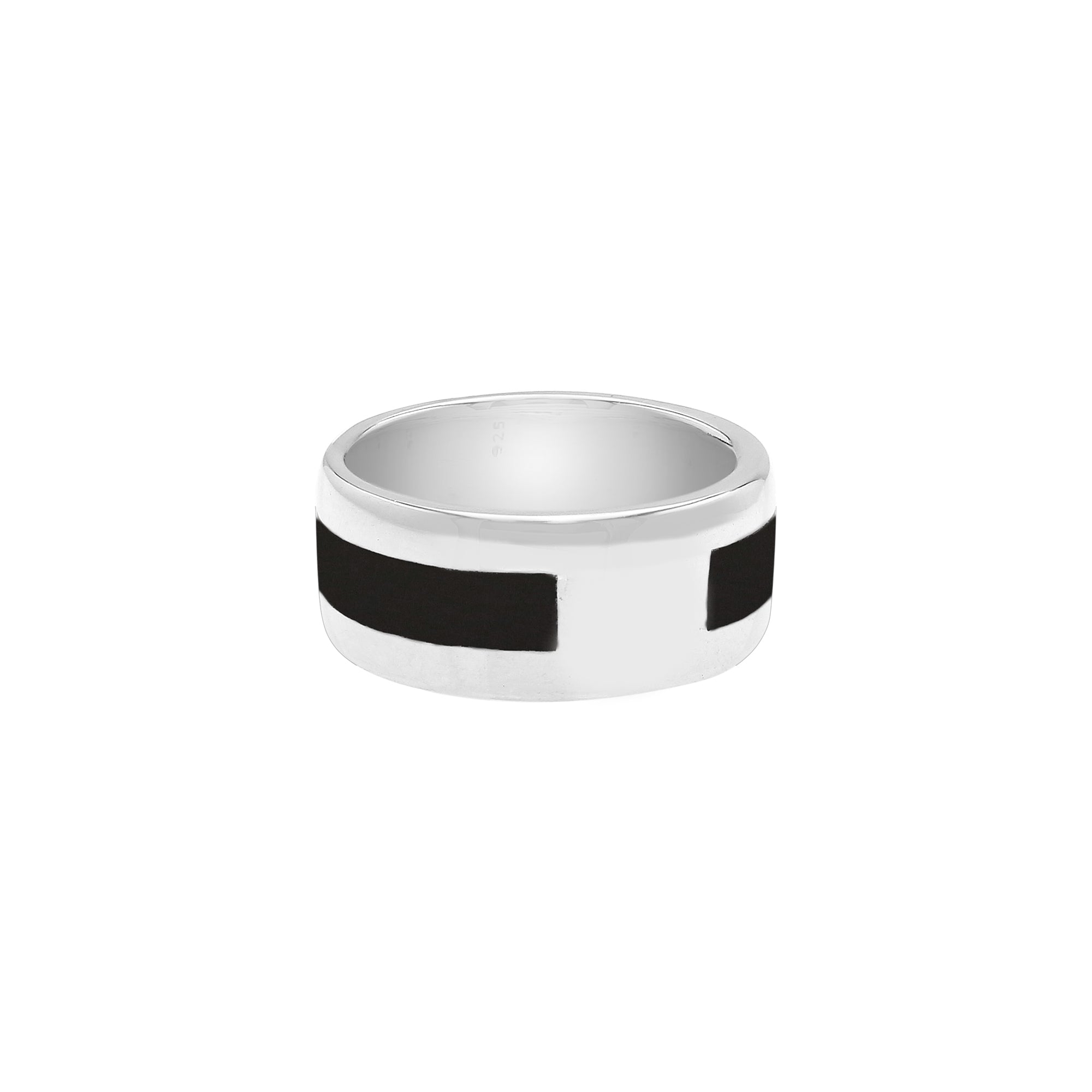 Wholesale sterling silver wide band ring with Black Shell inlay, handcrafted unisex jewelry in bulk for retailers and resellers.
