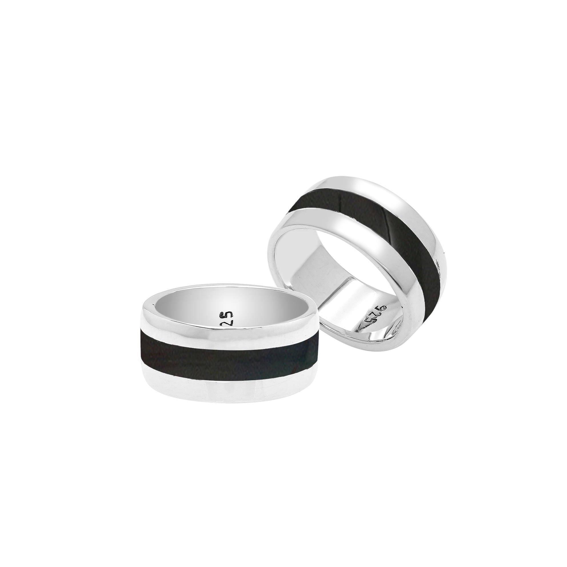 Wholesale sterling silver wide band ring with Black Shell inlay, handcrafted unisex jewelry in bulk for retailers and resellers.
