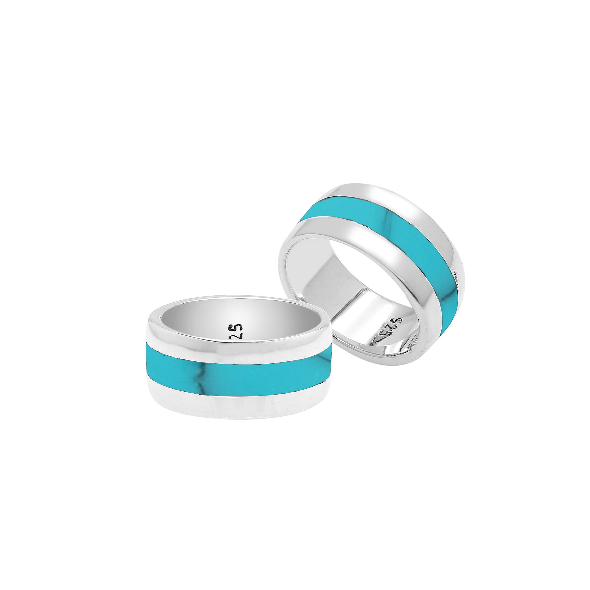 Wholesale sterling silver wide band ring with Turquoise Shell inlay, handcrafted Shell jewelry in bulk for retailers and resellers.
