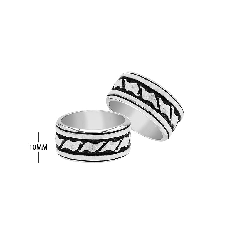 Wholesale sterling silver wide band ring with wave-inspired Bali design and oxidized details, handcrafted unisex artisan jewelry in bulk for retailers and resellers.