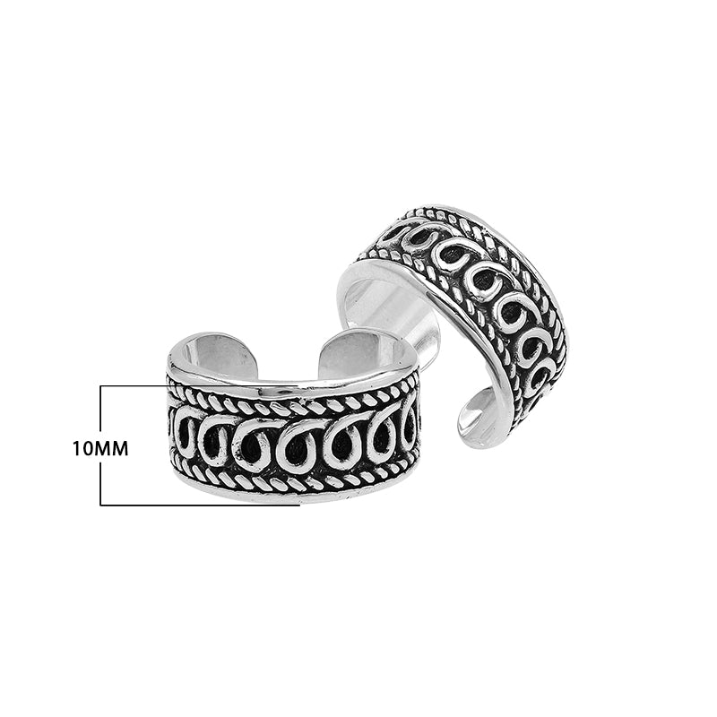Wholesale sterling silver open-band ring with intricate Bali swirl design and oxidized details, adjustable handcrafted unisex artisan jewelry in bulk for retailers and resellers.
