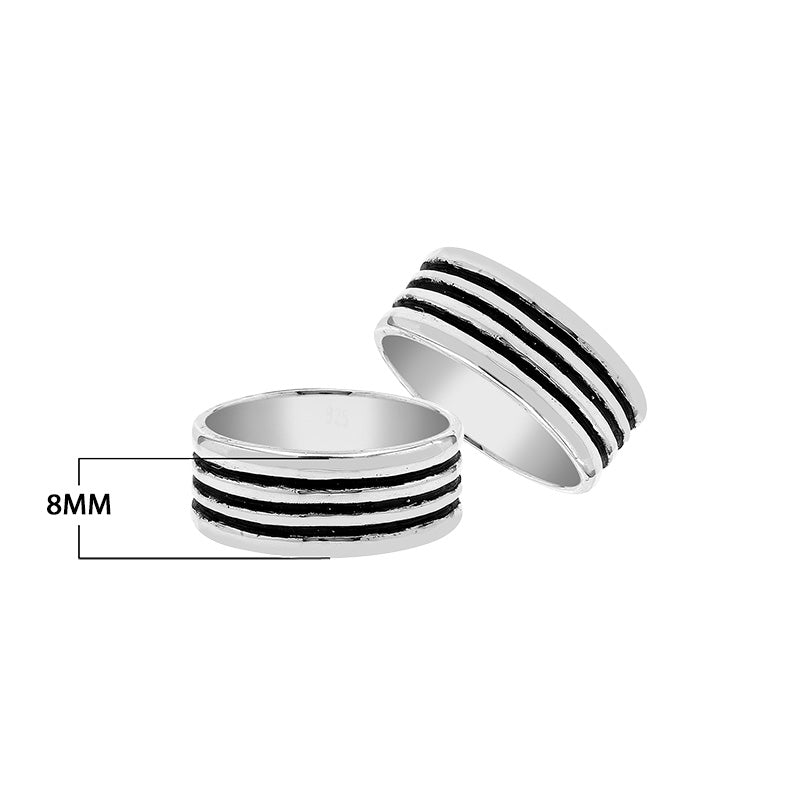 Wholesale sterling silver band ring with three oxidized black stripes, wide unisex design, handcrafted 925 silver jewelry for bulk orders and resellers.