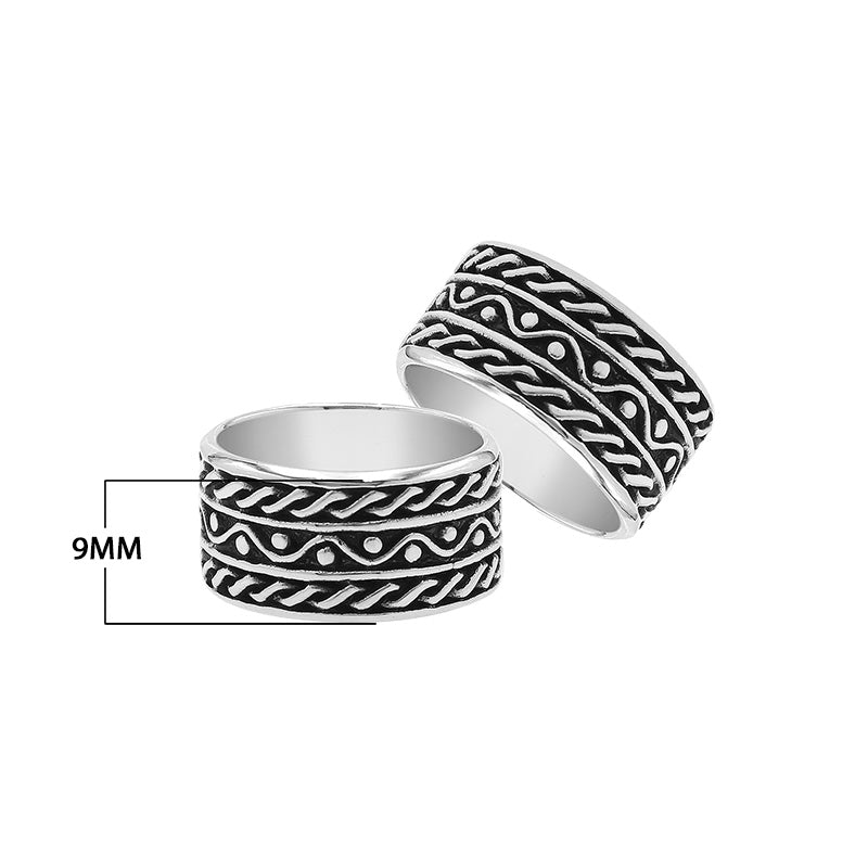 Wholesale sterling silver wide band ring with rope and dot oxidized design, handcrafted 925 unisex silver jewelry from Bali for bulk orders and resellers.