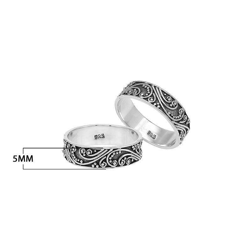 Wholesale sterling silver band ring with swirl and scroll oxidized design, handcrafted unisex 925 silver jewelry from Bali for bulk orders and resellers.