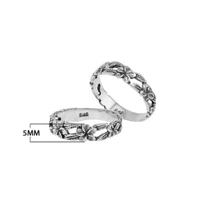Wholesale sterling silver plumeria flower band ring with leaf motif, handcrafted Bali artisan jewelry for bulk orders and resellers.