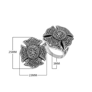 Wholesale sterling silver Balinese statement ring with intricate floral mandala design and oxidized antique finish – handcrafted artisan jewelry for bulk buyers and resellers.