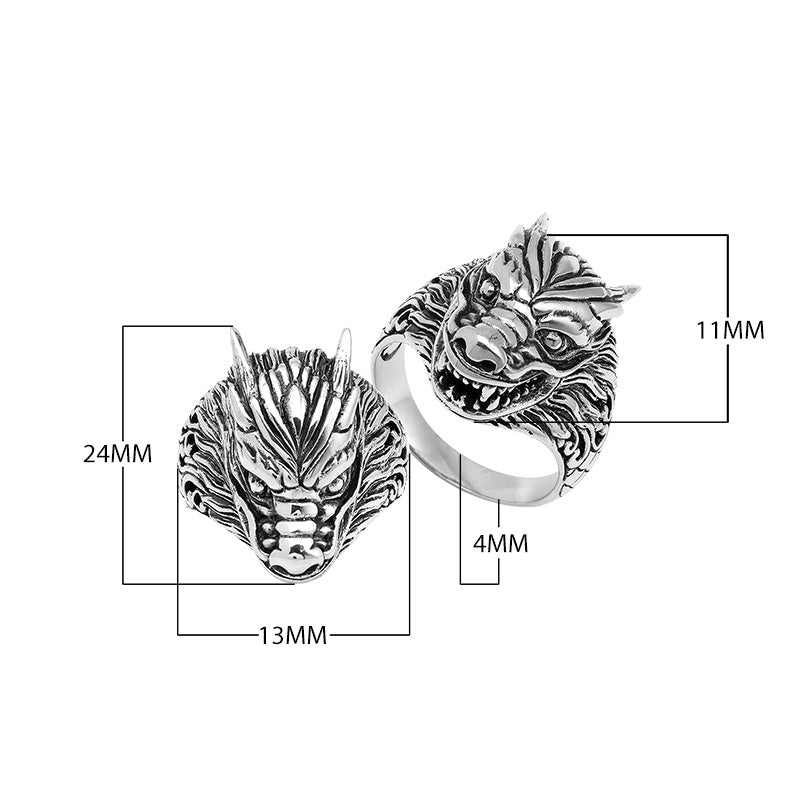 Wholesale sterling silver dragon head statement ring with intricate Balinese carvings and oxidized antique finish – handcrafted artisan jewelry for bulk buyers and resellers.