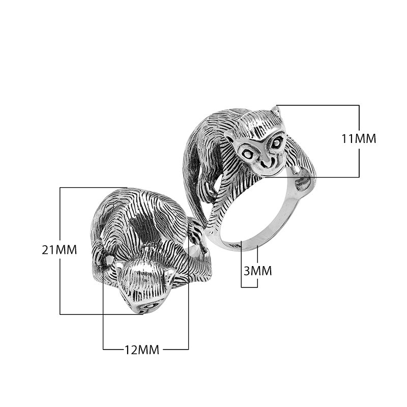 Wholesale sterling silver monkey design ring with detailed Balinese carvings and oxidized finish – handcrafted animal-inspired artisan jewelry for bulk buyers and resellers.