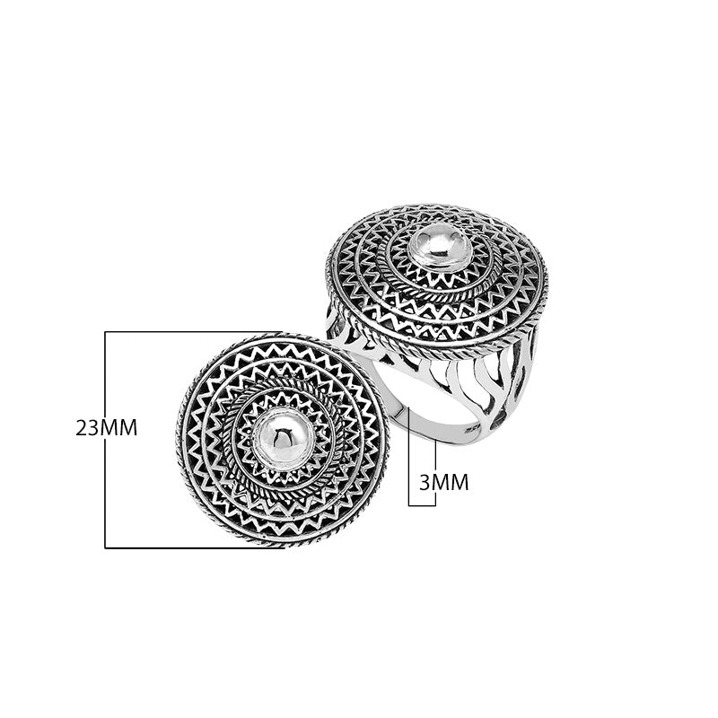 Wholesale sterling silver mandala statement ring with round geometric design and oxidized finish – handcrafted Balinese artisan jewelry for bulk buyers and resellers.