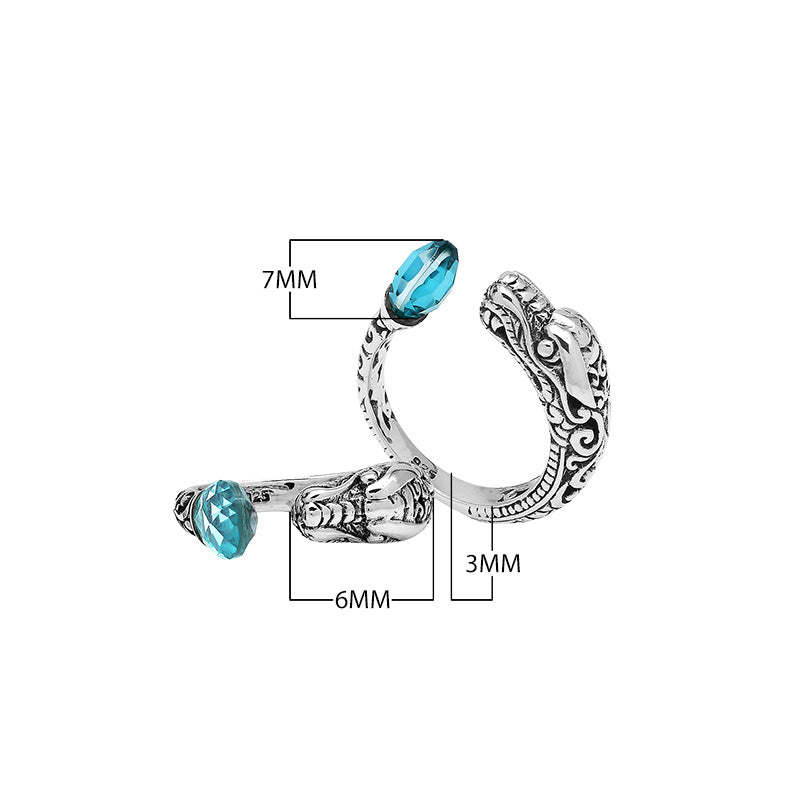Wholesale sterling silver dragon bypass ring with faceted Blue Topaz Quartz, handcrafted Bali artisan jewelry, adjustable design.