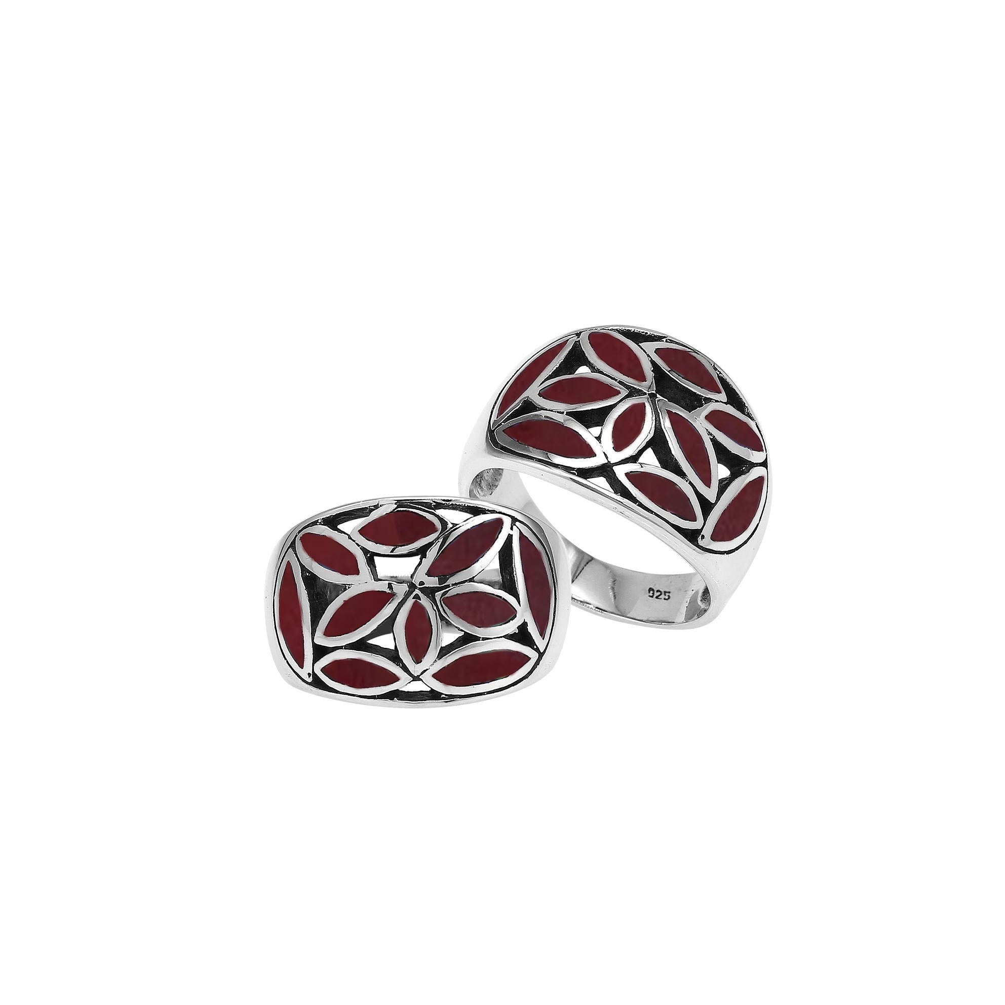 Wholesale Sterling Silver wide band ring with genuine Red Coral Inlay, handcrafted Bali artisan jewelry with mosaic leaf design.