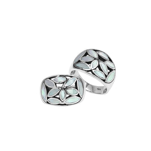 Wholesale Sterling Silver wide band ring with genuine Mother Of Pearl Inlay, handcrafted Bali artisan jewelry with mosaic leaf design.